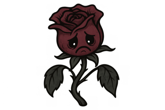 Cartoon drawing of a solitary sad rose with a face showing sorrow and sadness, representing heartbreak, design element - Powered by Adobe