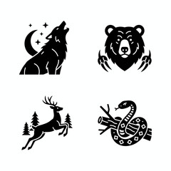 Bold black silhouette icons of wild animals howling wolf, powerful bear, graceful deer, and coiled snake. Ideal for nature, wilderness, and wildlife concepts, symbolizing strength and primal freedom