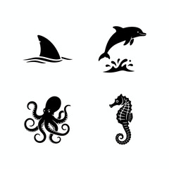 Stylized Silhouettes of Diverse Marine Animals Shark Fin, Leaping Dolphin, Intricate Octopus, and Elegant Seahorse Depicting Ocean Life