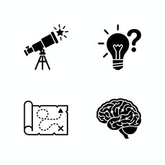Creative exploration Telescope, idea, map, and brain symbols representing discovery and knowledge