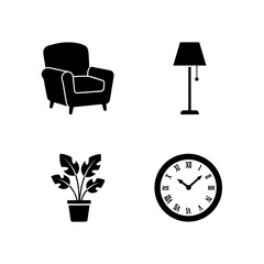 Household furniture and interior decoration icon collection. Simple black silhouette symbols of a chair, lamp, plant, and clock isolated on a white background