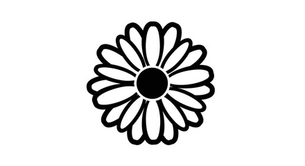 Elegant black line art illustration of a simple daisy flower icon, representing nature's serene beauty and fresh growth, ideal for minimalist branding and decorative design elements