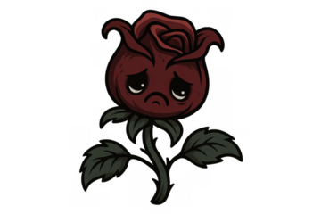 Sad cartoon rose character having a melancholy expression, depicting depression, sadness, and emotional struggle on transparent background