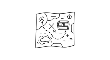 Hand-drawn style vector icon depicting an old treasure map with a marked 'X' and a chest, representing a quest for hidden riches, exploration, and adventure