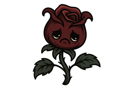 Sad cartoon rose character having a melancholy expression, depicting depression, sadness, and emotional struggle on transparent background