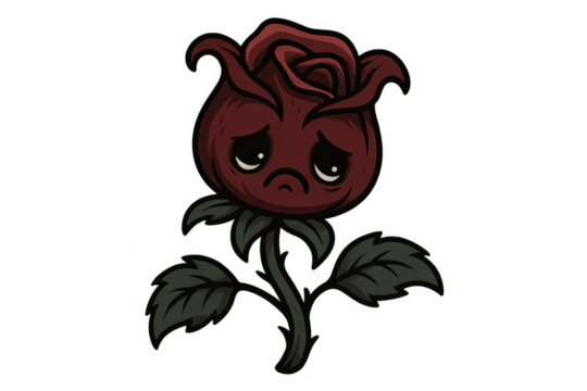 Sad cartoon rose character having a melancholy expression, depicting depression, sadness, and emotional struggle on transparent background