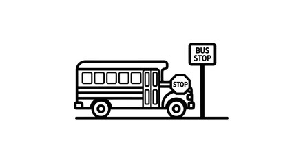 School Bus at a Bus Stop A Simple Black and White Illustration for Educational Resources and Transportation Concepts