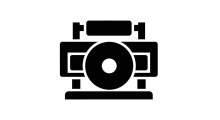 Sleek monochrome icon of an industrial processing machine, featuring a central rotating disk and an upper material roller, symbolizing manufacturing, production, and mechanical operations