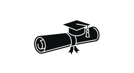 Monochromatic vector illustration showcasing a diploma scroll and a graduation cap, signifying academic success, educational achievement, and the completion of studies