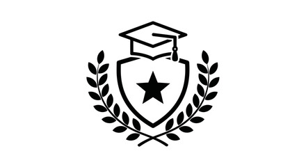 Graduation cap and laurel wreath emblem with a star shield, symbolizing academic achievement, honor, and educational excellence icon