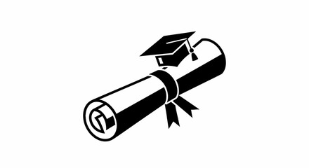 Minimalist black and white vector illustration of an academic graduation cap placed on a tied degree scroll, signifying the end of studies and new beginnings