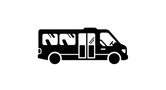 Simple black silhouette icon of a minibus or shuttle van, representing public transportation and travel services on an isolated white background