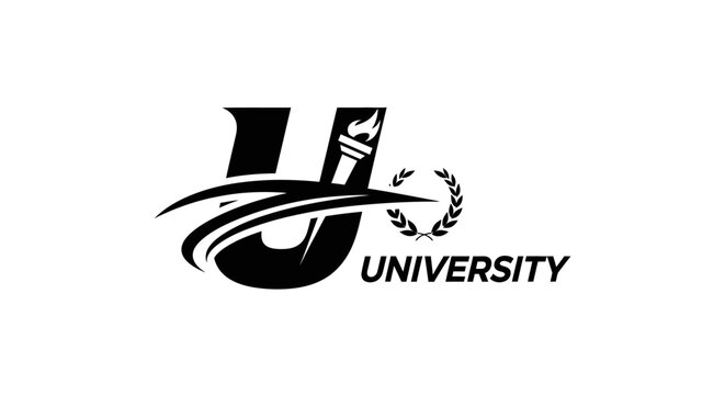 University Logo Design Featuring Torch, Laurel Wreath, and Modern Typography in Black and White