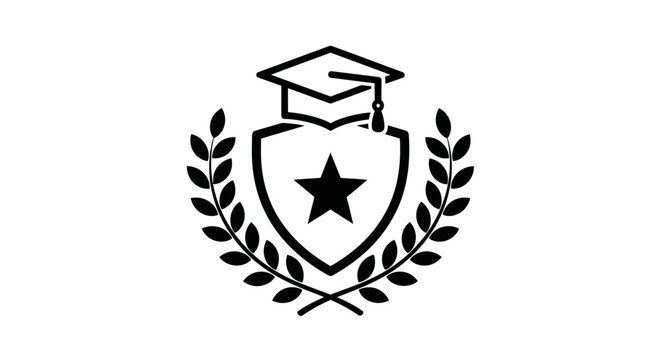 Graduation cap and laurel wreath emblem with a star shield, symbolizing academic achievement, honor, and educational excellence icon