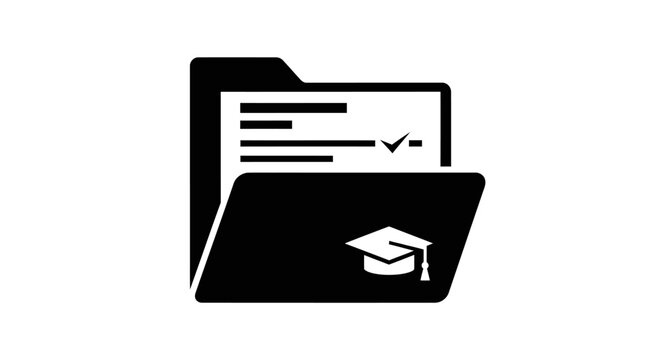 Conceptual black vector icon representing academic records and educational achievements within a digital folder, complete with a graduation cap symbol, signifying successful learning 