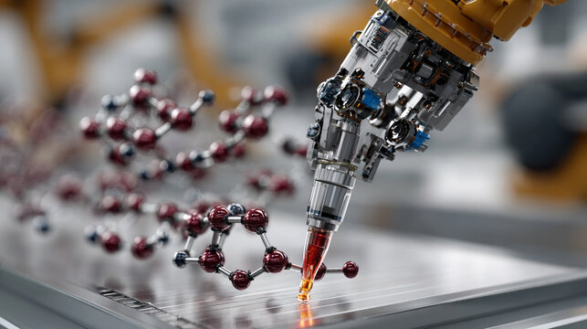 AI system analyzing a molecular model, highlighting advanced technology, scientific research, computational chemistry, and futuristic data-driven molecular insights.