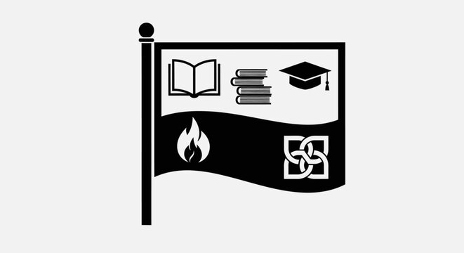 Monochrome vector flag emblem representing higher education and institutional heritage. An academic symbol with books, a graduation cap, a flame, and an interwoven knot
