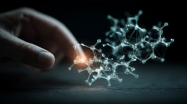 AI system analyzing a molecular model, highlighting advanced technology, scientific research, computational chemistry, and futuristic data-driven molecular insights.