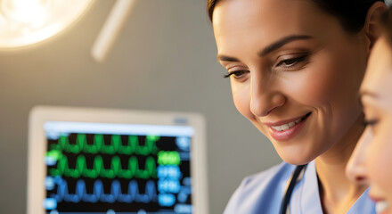 Smiling doctor looking at patient monitor in a hospital setting