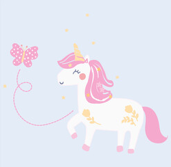 Cute Unicorn Princess with butterfly friends nature creature.