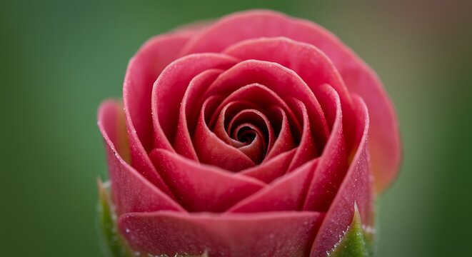 Close up of a vibrant pink rose bud in full bloom against a blurred green backdrop - Powered by Adobe