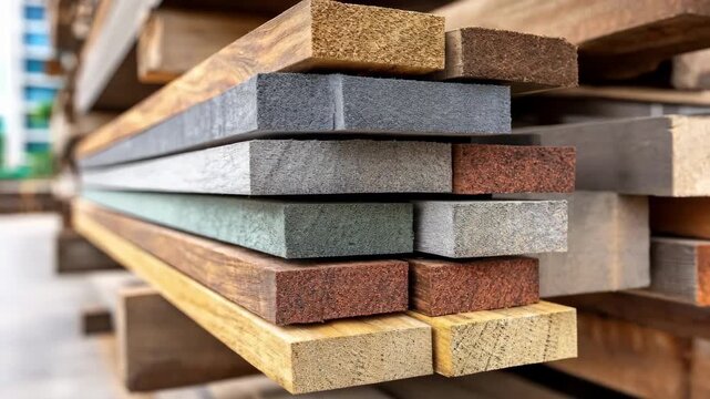 Medium shot of ecofriendly composite lumber planks stacked neatly showcasing a blend of recycled materials used in sustainable building.