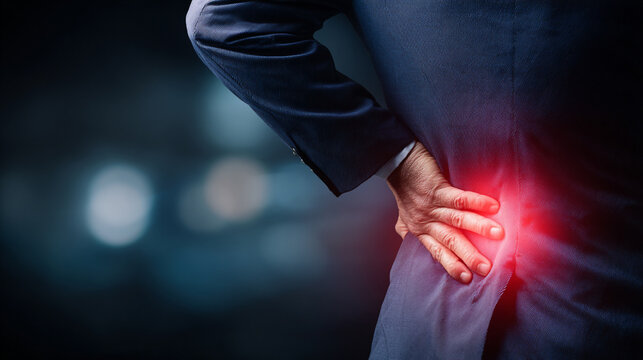 Back of a businessman’s hand pressing a red inflamed area on his back showing pain from overwork highlighting backache discomfort and stress in a work-related health context