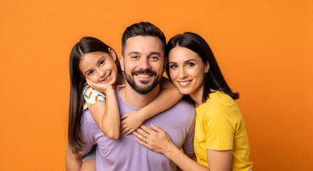 Happy Family Portrait with Piggyback Daughter – Orange Studio Background for Greeting Cards, Social Media, Family Blog Headers & Joyful Holiday Promo Ads