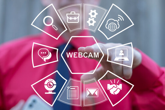Web Cam (Webcam) Online Meeting Communication Distant Work Technology Business Finance Cocnept. Business person using virtual touch screen presses the inscription WEBCAM.
