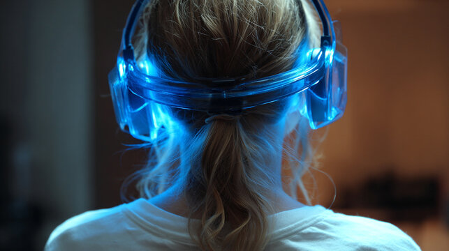 Back view of a person interacting with a floating holographic AI assistant, symbolizing futuristic technology, digital interaction, and immersive augmented reality. - Powered by Adobe