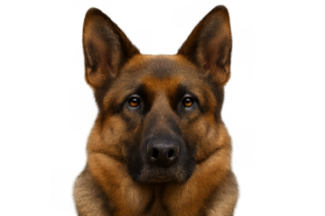 German shepherd dog portrait on a transparent background, serious purebred canine looking directly at camera