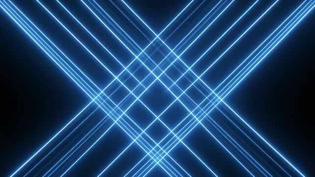 A network of bright blue neon lights create a geometric design on black background, showcasing intersecting lines and a modern aesthetic