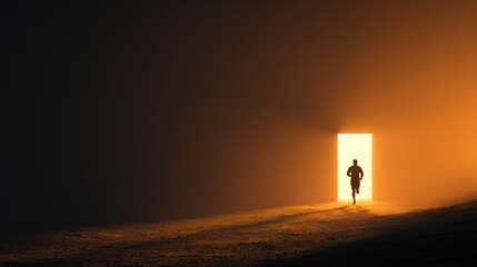 Back silhouette of a runner dashing toward a glowing exit door symbolizing progress transformation and moving toward a new better world with determination hope and dynamic motion