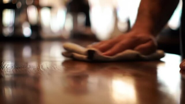 A close-up shot of a hand using a white cloth to wipe down and polish a glossy, dark wooden surface, possibly a bar or tabletop, with blurred figures in the background.