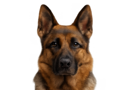 German shepherd dog headshot portrait looking at camera with black and tan fur on transparent background