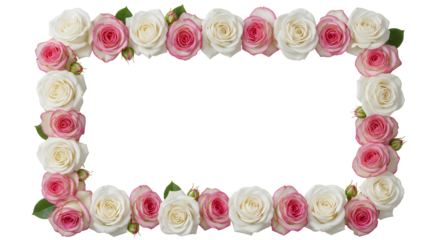 Beautiful floral frame with fresh, delicate pink and white roses, perfect for adding a soft, natural border to design projects, wedding invitations, or capturing romantic moments