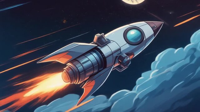 Cartoon rocket blasting off into space with fiery exhaust animation