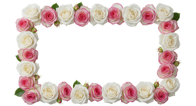Beautiful floral frame with fresh, delicate pink and white roses, perfect for adding a soft, natural border to design projects, wedding invitations, or capturing romantic moments