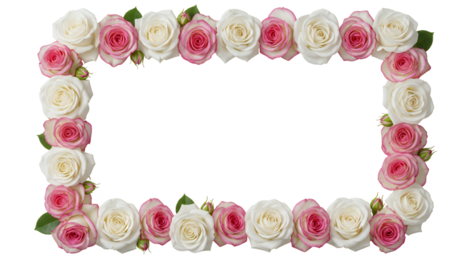 Beautiful floral frame with fresh, delicate pink and white roses, perfect for adding a soft, natural border to design projects, wedding invitations, or capturing romantic moments