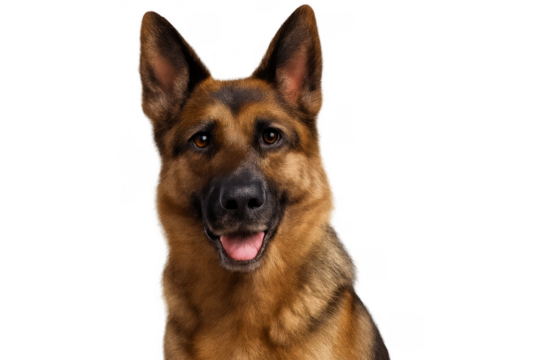 German shepherd dog portrait looking at camera with open mouth, smiling animal, headshot on transparent background