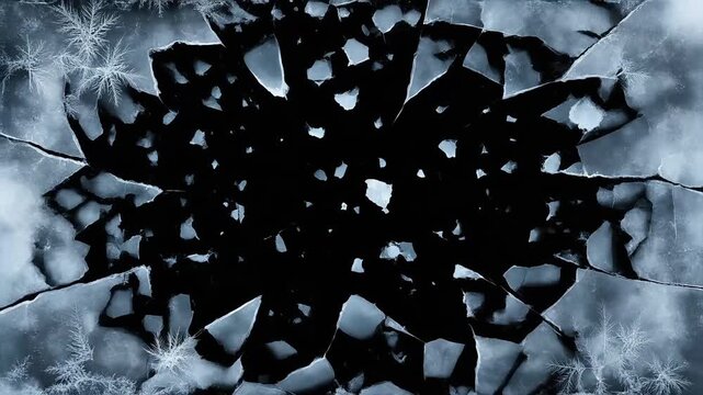 A 3D animation of a frozen screen cracking and shattering to reveal a black background. This transition is a perfect, cold overlay effect for winter or intros.