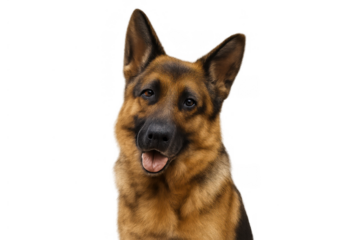 German shepherd dog tilting head, looking curious and panting, isolated on transparent background