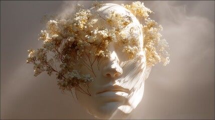 open human head with small seeds sprouting gently inside, surrounded by soft mist and golden morning light, minimalist healing art, 
