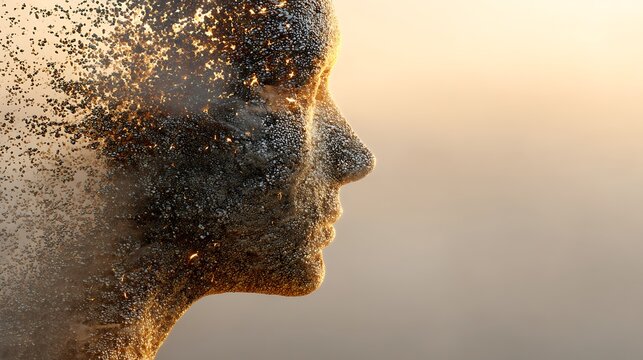 open human head with small seeds sprouting gently inside, surrounded by soft mist and golden morning light, minimalist healing art, 