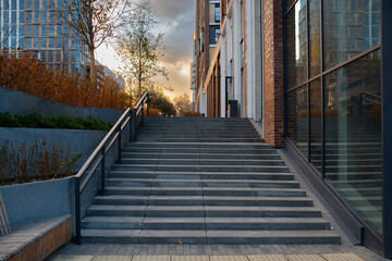 Modern Urban Stairway at Sunset in City Environment