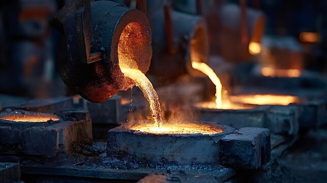 Pouring molten metal into molds at foundry - Powered by Adobe
