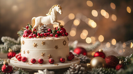 New Year celebration cake with horse figurine, berries and Christmas lights
