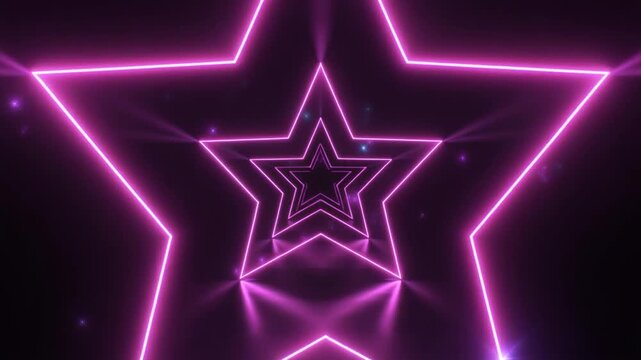 Bright neon star tunnel of purple lights in the dark. The star shape creates a sense of depth and leads the eye into the tunnel - Powered by Adobe