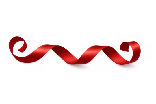 Red satin ribbon curling and swirling with a metallic shine, creating a festive holiday decoration on transparent background
