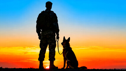 Soldier and german shepherd dog silhouetted against a vibrant sunset sky showcasing loyalty companionship and military service with a patriotic and serene outdoor scene